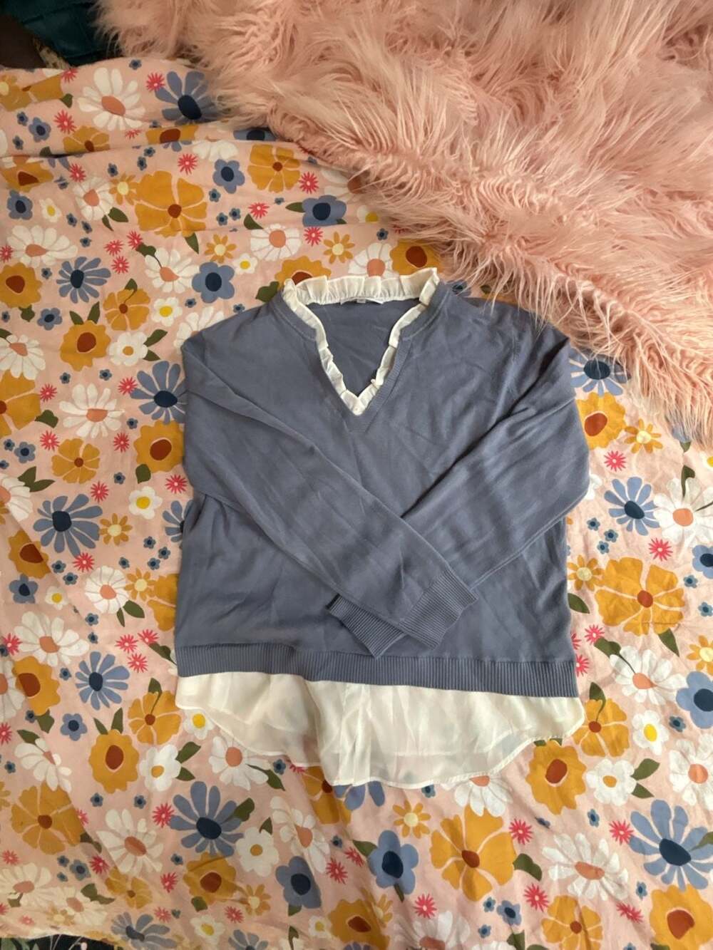 Siani Milano Light Blue V-Neck Long Sleeve Sweater with White Ruffle Trim